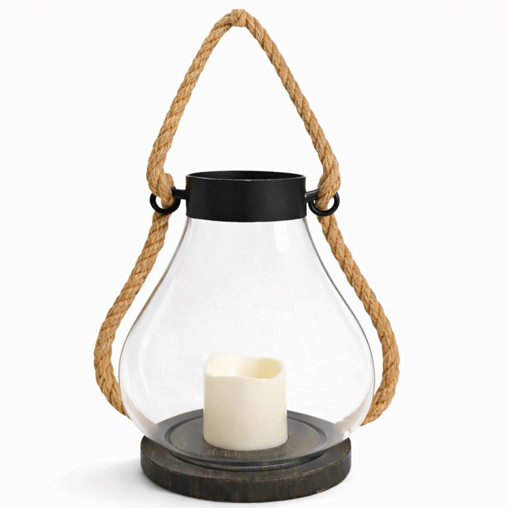 Vintage Style Glass Pedestal Lantern Rope Handle & LED Candle Indoor Outdoor - Picture 9 of 9